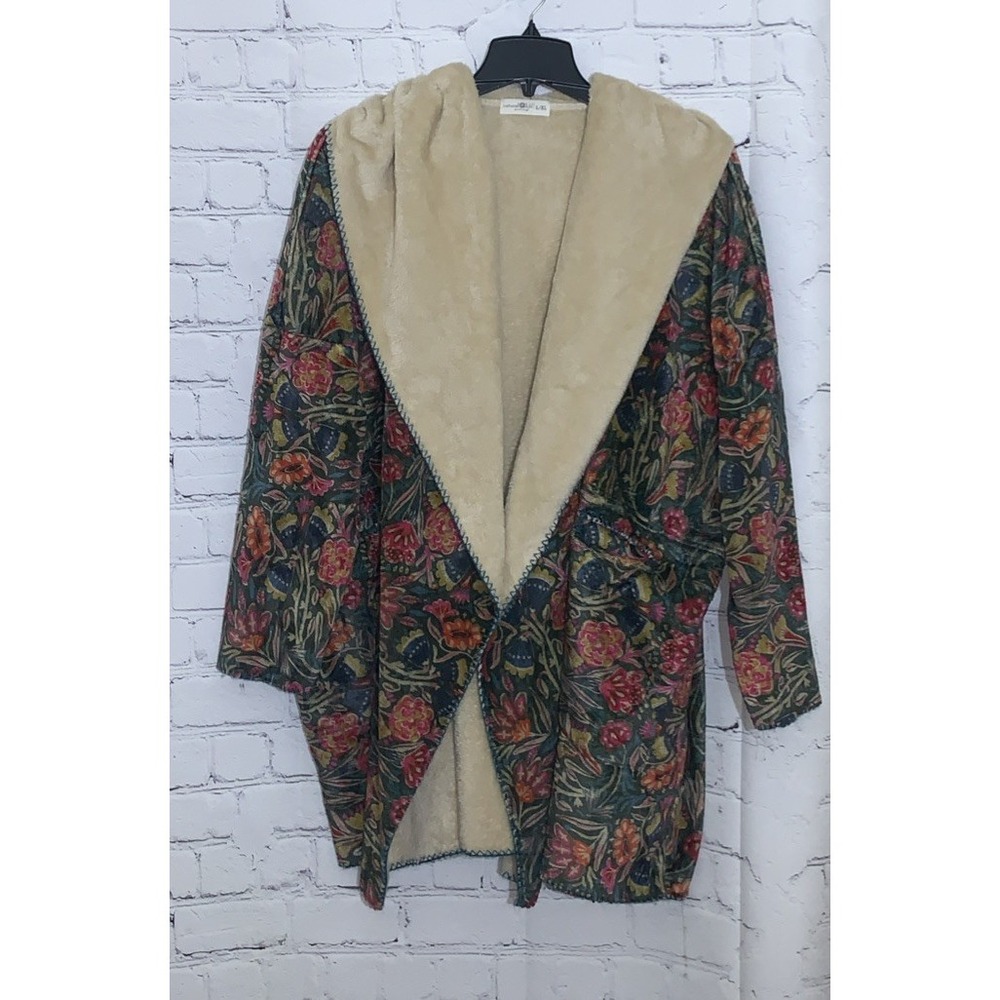 Natural Life Hooded Floral Blanket Kimono L/XL Robe Coat w/Pockets Cozy Boho